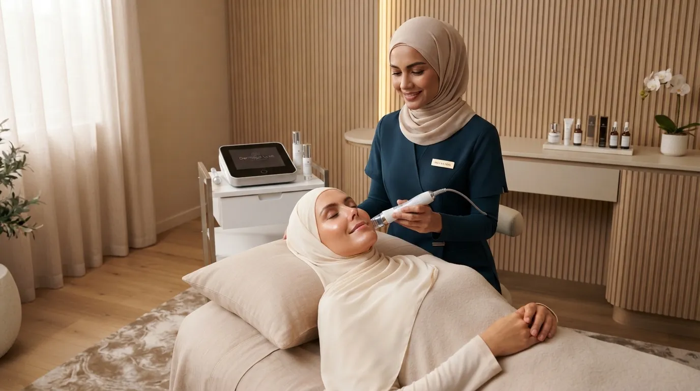 Calm aesthetic facial treatment in a luxury clinic room